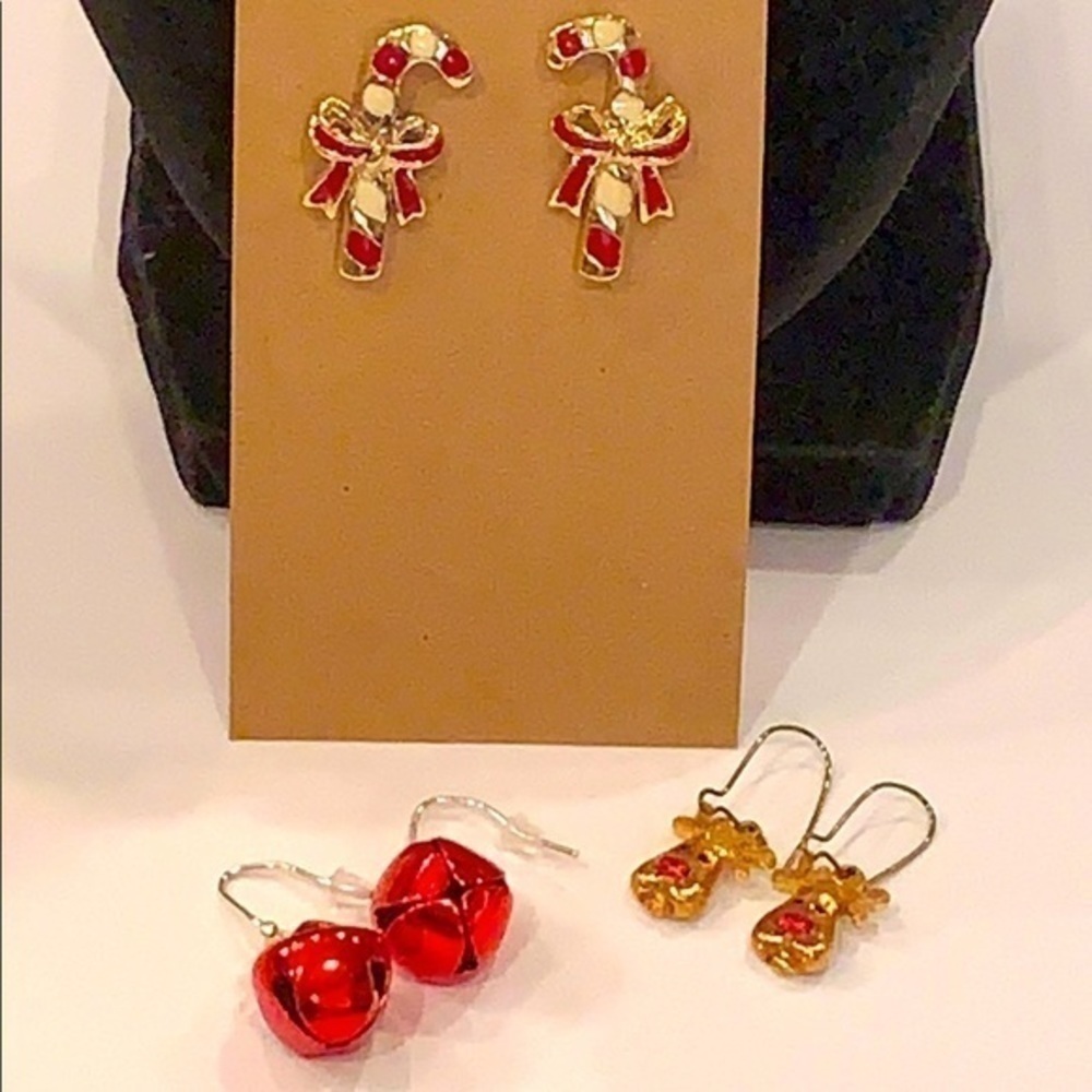 💐3 pair Christmas earrings red bell candy cane